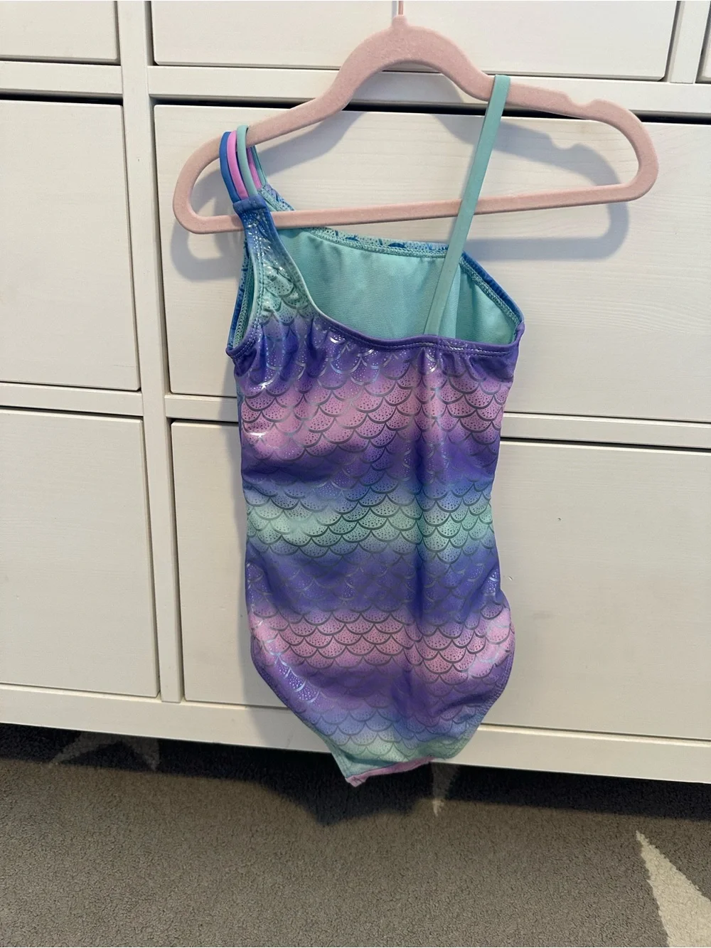 Girls One-Shoulder Mermaid Print Swimsuit in Aqua, Purple & Pink